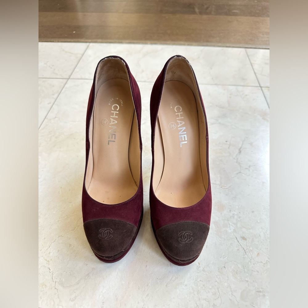 Chanel CC Platform Pump Suede Heels 37.5